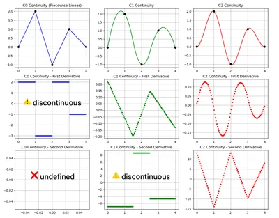 Fig 4: Curves with different continuities and their derivatives.