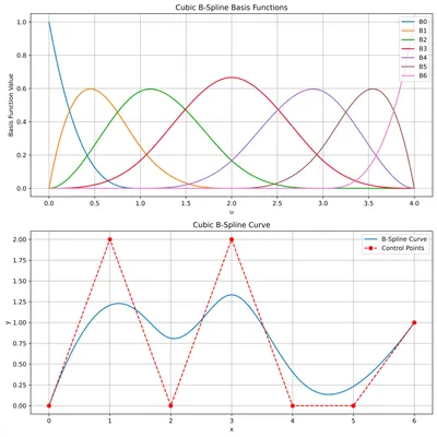 Fig 8: (top) Basis functions given an open uniform knot vector. Note that the first and last functions are 1 at the extremes and all other influences are 0 there, implying the start and end points have full influence on the curve. (bottom) Our B spline, with the curve going through the first and last points.