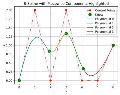 Fig 3: A B-spline with control points, knots, and piecewise polynomials highlighted.