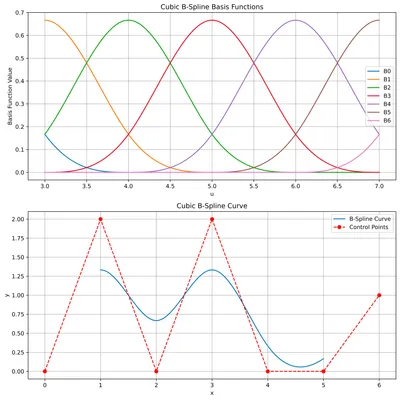 Fig 7: (top) Basis functions produced from a uniform knot vector. Note that they are all just shifted copies of each other, and have the same local form as Fig 6. (bottom) The resultant B-spline fit.