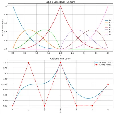 Fig 9: Basis functions and resultant spline for our non-uniform knot setup. We see that both the basis function and the associated control point have C0 continuity at that point, resulting in a sharp bend.